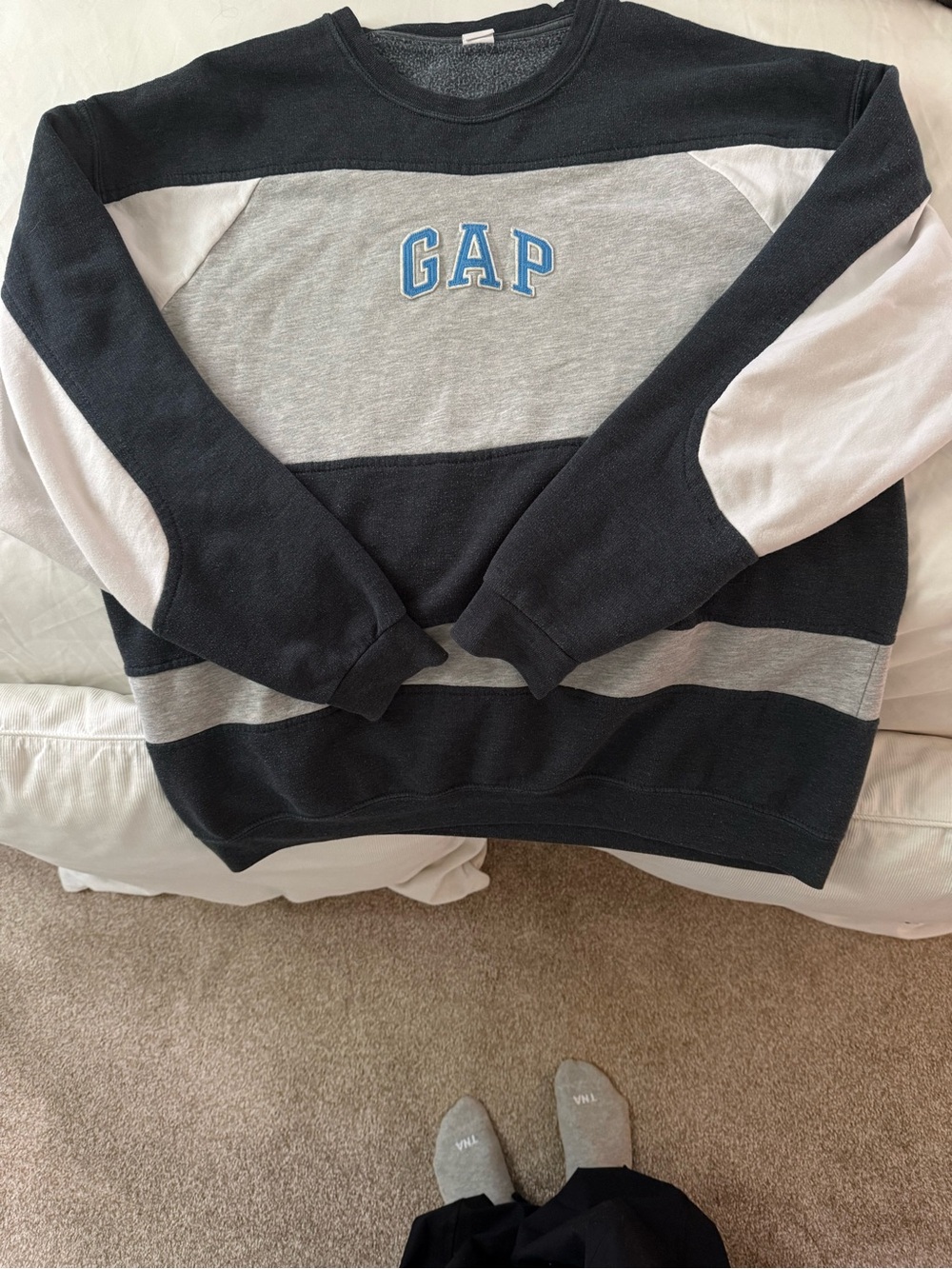 GAP Black Gray White Colorblock Crewneck with Blue Logo